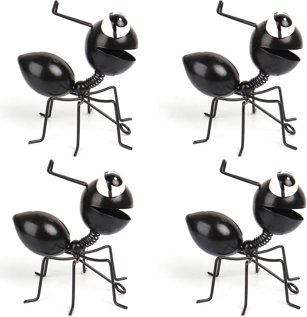 Metal Yard Art Garden Decor Cute Ant Outdoor Fence Decorations Lawn Ornaments - Set of 4 Black