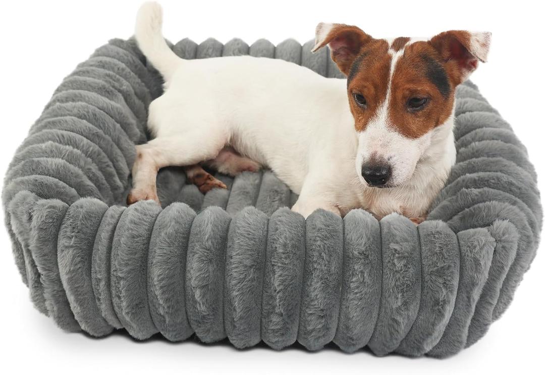 Rectangle Dog Bed for Small Dogs Washable Furry Puppy Beds,Orthopedic Soft Calming Warming Sleeping Cat Bed with Sides,Cozy Corduroy Fleece Square Pet Beds for Large Cat and Puppy,Warm Grey 20x19 Inch