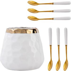 7Pcs Coffee Spoons Set,Ceramic Jar with 6 Spoons,Dessert Spoon with Holder, Creative Small Spoon Set for Coffee Ice Cream Cakes Dessert Party