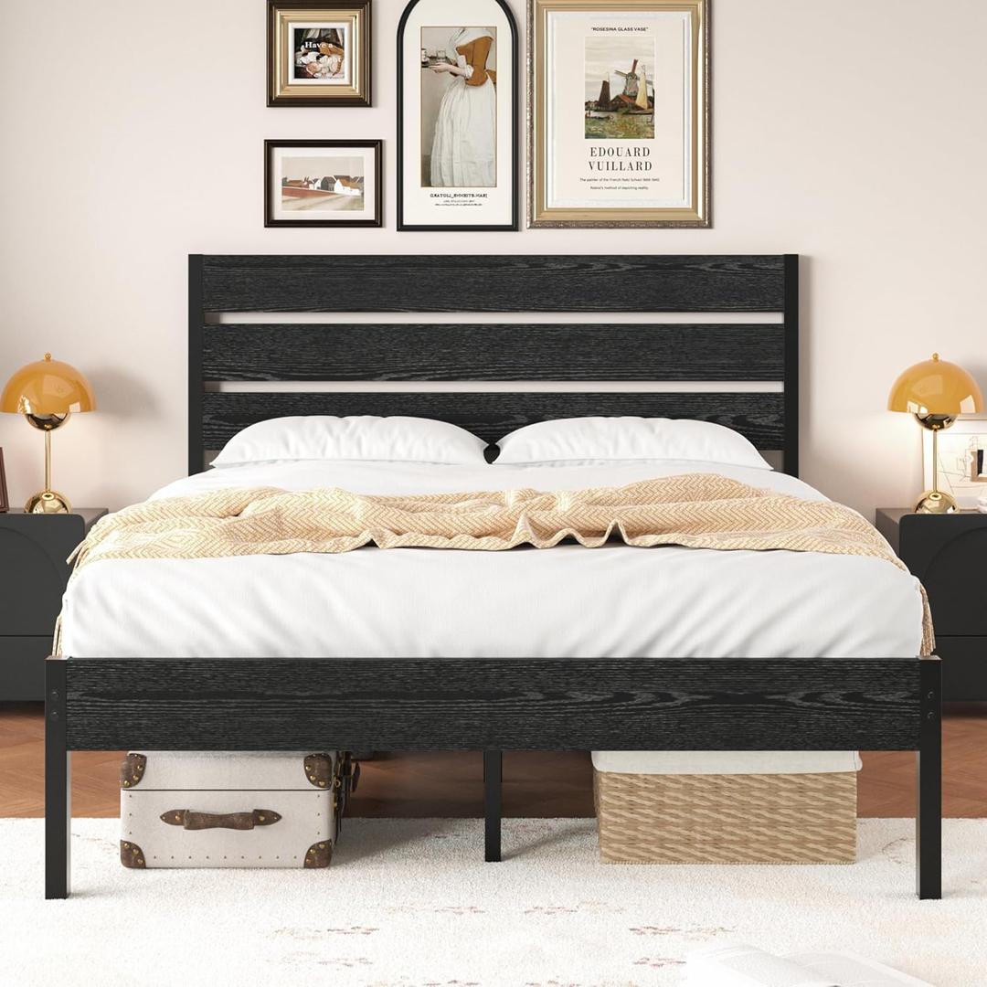 VECELO Queen Size Bed Frame with Wood Headboard and Footboard, 14 Inch Platform/No Box Spring Needed, Heavy Duty Support, Easy Assembly (Black)
