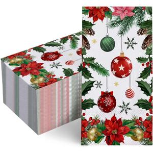 100 PCS Christmas Poinsettia Disposable Paper Napkins, Xmas Ball Pine Cone Bathroom Hand Towels Decorative Dinner Guest Napkin, Winter Holiday Kitchen Dinning Table Party Decor 8 x 4 Inches