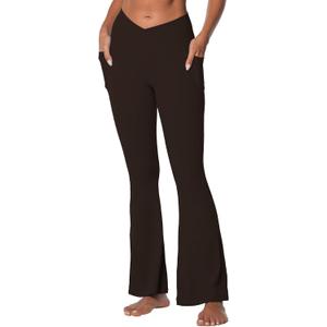 Sunzel Flare Leggings for Women with Pockets, Crossover Yoga Pants with Tummy Control, High Waisted and Wide Leg (Large, Java Brown)