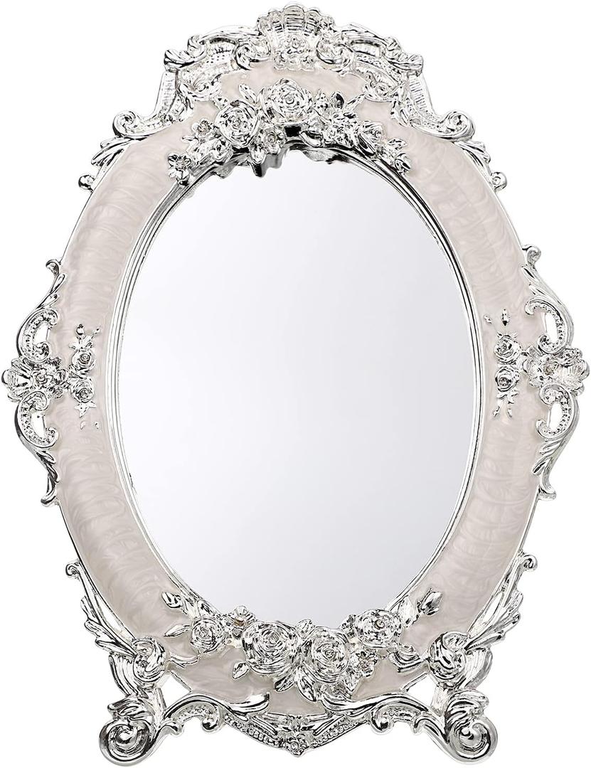 JUXYES Small Tabletop Dressing Mirror Vintage Metal Desktop Mirror with Stand, Antique Embossed Roses Countertop Makeup Mirror Retro Oval Cosmetic Decorative Mirrors for Table Centerpieces (White)