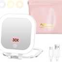 FUNTOUCH Rechargeable Travel Makeup Mirror, 30X/1X Rechargeable Double Sides Magnifying Mirror with 3 Light Settings & Adjustable Brightness,Compact Mirror with PU Bag Valentine's Day Gift, White
