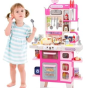 CUTE STONE Kids Kitchen Playset, Play Kitchen Set with Sound & Light, Cooking Stove with Steam, Toy Sink, Play Food Toy and Kitchen Accessories for Pretend Play, Kitchen Toy Set for Toddler Girls, Pink