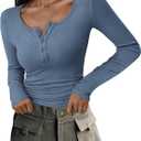 PRETTYGARDEN Women's 2025 Fall Long Sleeve Henley T Shirts Button Ribbed Knit Slim Fit Basic Tops Blouse Casual Outfits (Grey) S