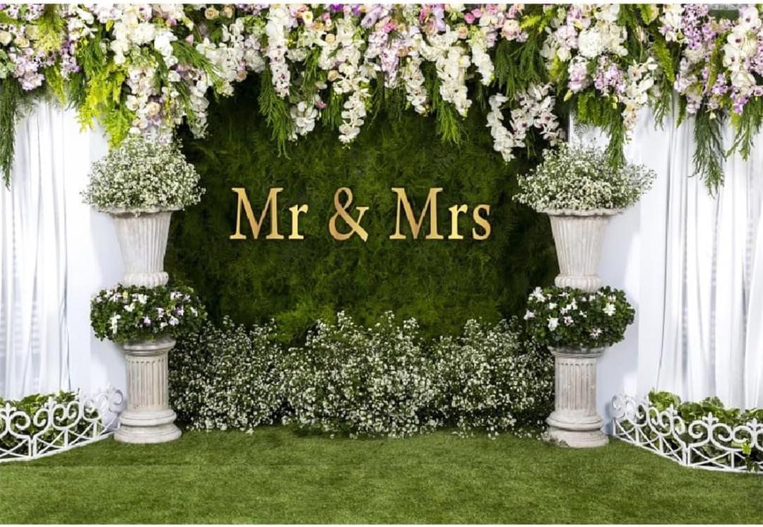 Yeele 10x8ft Wedding Reception Backdrop for Photography White Curtain Floral Lawn Greenery Mr and Mrs Background for Wedding Bridal Shower Bride to Be Engagement Event Supplies Photo Shoot Props