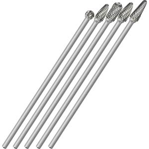 5Pcs Long Carbide Burr Set 1/4" Shank Total L 6.2" Die Grinder Bits Rotary Rasp Attachment Cut Port Grind Metal Cast Iron Steel Aluminum Cylinder Head Engine Intake Exhaust Manifold Tight Area