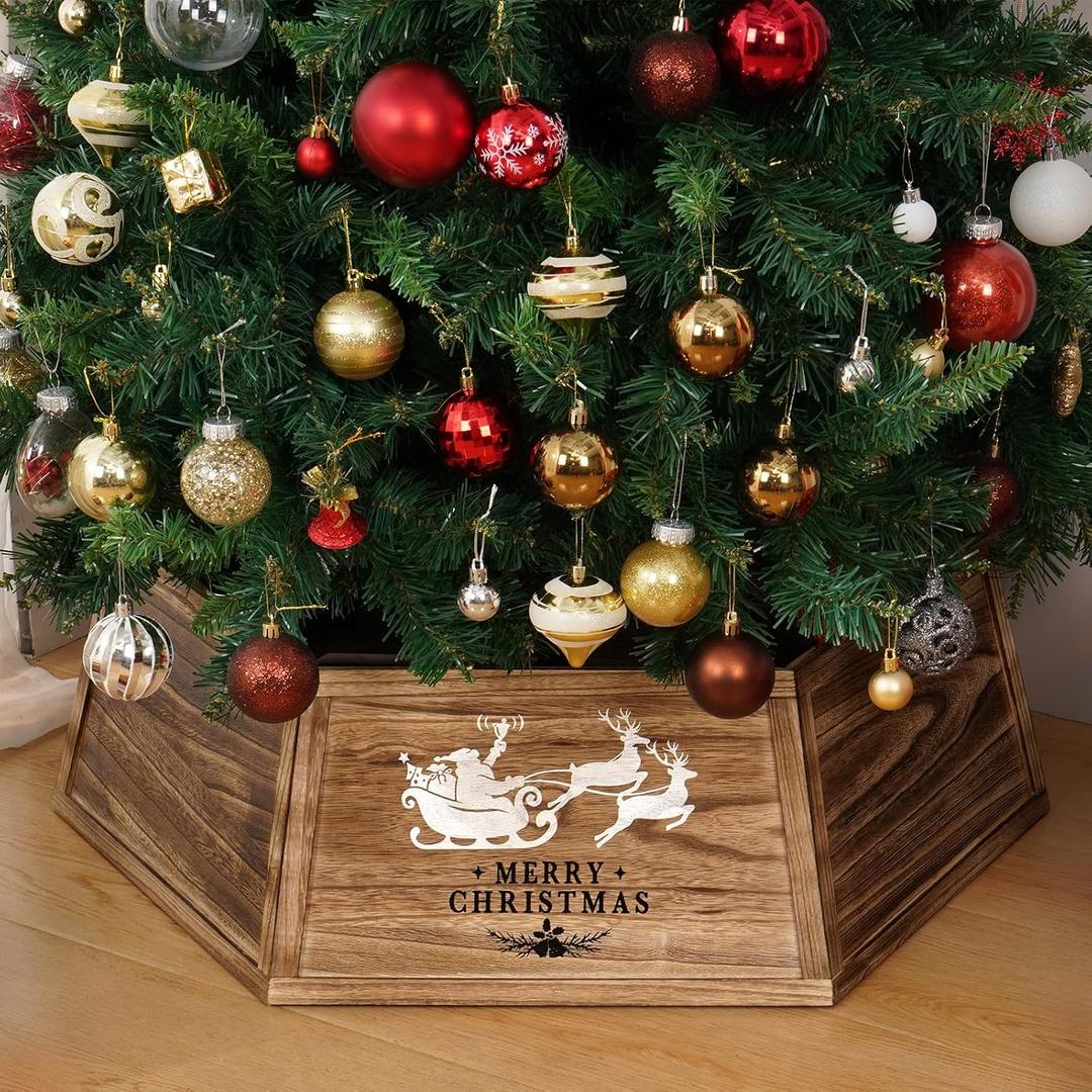 Wood Christmas Tree Collar, 30.7" Natural Wooden Christmas Tree Stand Cover, Hexagon Tree Base Cover, Rustic Trapezoid Tree Skirt Farm Fresh Christmas Tree Skirt Box, Burned