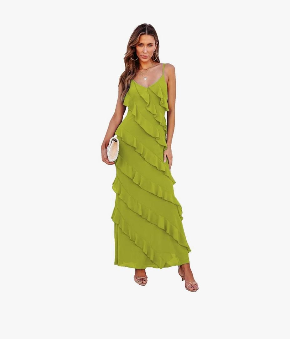 Women's Summer Chifffon Prom Dresses Spaghetti Straps Layered Ruffle Maxi Dress Backless Party Club Dresses, Small