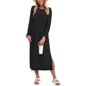 ANRABESS Womens 3/4 Long Sleeve Striped Slit Midi T Shirt Dresses with Pockets 2025 Dressy Casual Fall Fashion Travel Outfits, Size L