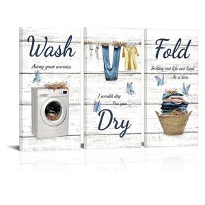 WELMECO Laundry Signs Laundry Room Wall Decor Wash Dry Fold Picture Framed Prints Farmhouse Laundry Decor 6x12inchx3Pieces (Blue)