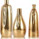 Glossy Gold Mini Ceramic Vase Set of 3, Small Ceramic Vase Set for Decorative, Bud Vases for Centerpieces Nightstand Kitchen, Boho Farmhouse Home Coffee Table Tray Decor