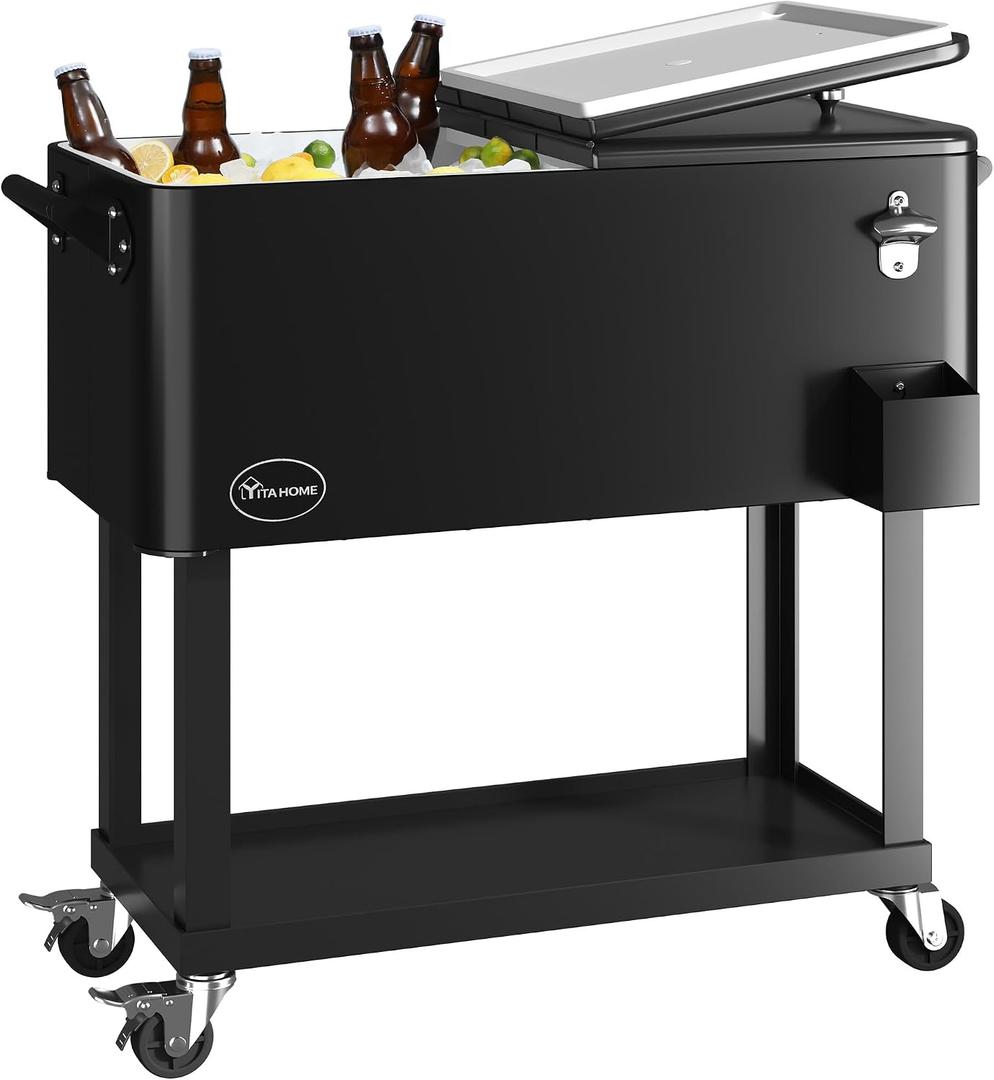 YITAHOME 80 Quart Rolling Cooler Cart with Bottle Opener Drainage, Portable Patio Cooler Rolling on Wheels, Outdoor Rolling Beverage Cart Drink Cooler for Patio Pool Deck Party BBQ Cookouts (Silver), 24 inches L x 16 inches W x 16 inches H