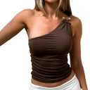 Women Halter Crop Tank Top Backless Tankini One Shoulder Ruched Knit Shirts Sexy Streetwear Sleeveless Y2k Tops with Pearl (Medium, Brown)