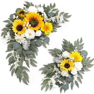 Faux Flower Swag Set of 2 for Wedding Welcome Signs Floral Swag Wedding Reception Ceremony Signs Decor (Sunflower & White)