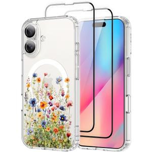 OOK Magnetic Case for iPhone 16 Case Cute Flower Design with 2 PCS Screen Protector [Compatible with MagSafe] for Girls Women Floral Clear Slim Shockproof Phone Cover-Colorful Flowers