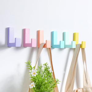 6 Pack Cute Kids Coat Wall Hooks Wooden Decorative Adhesive Colored Nordic Style Wall Mounted Heavy Duty Hooks for Keys Hat Coat Shower Curtain Playroom Bathroom Decor(Pastel)