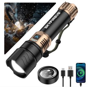 SKYFIRE LED Flashlights High Lumens with Ignition Lens, 1500,000lm Super Bright Rechargeable Flashlight, Zoomable, Four Modes, Waterproof Tactical Flash Light for Camping Essentials, Outdoor, Home&Gifts