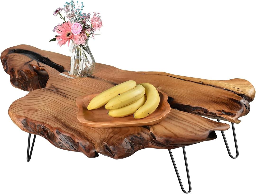 Natural Wood Coffee Table, Natural Wood Edge Contemporary Cocktail Table, Wood Tea Tables for Living Room with Metal Hairpin Legs,Wooden Flower Pot Holder Clear Lacquer Finish