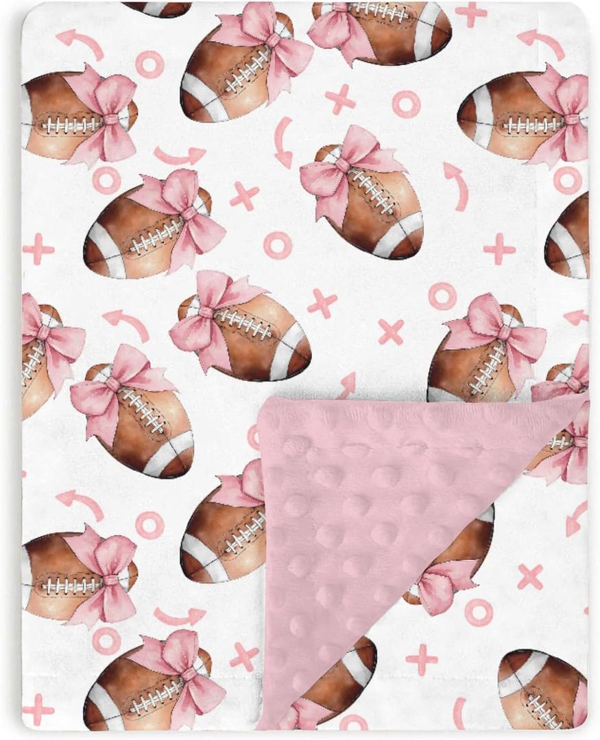 Dirty Pink Baby Blankets for Girls 30" x 40", Soft Double Layer Minky Blanket Dotted Fleece Back, Nursery Bed Receiving Quilt Newborn Infant Toddler Shower Gift Football Bow Sport Game Theme