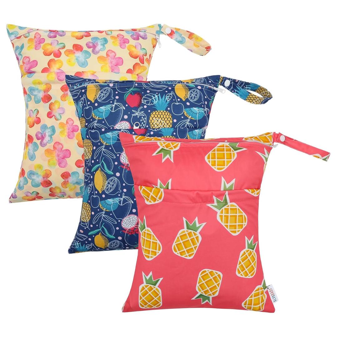 ALVA ALVABABY 3pcs Cloth Diaper Wet Dry Bags Waterproof Reusable with Two Zippered Pockets Travel Beach Pool Daycare Soiled Baby Items Yoga Gym Bag for Swimsuits or Wet Clothes 3L-ZM20A (Pineapple flower fruit)