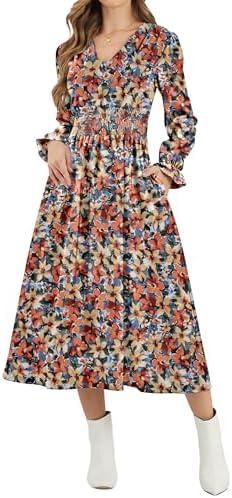 CYiNu Womens Floral Long Sleeve Midi Dress Deep V Neck Elastic Waist Boho Floral Dress for Women, Small