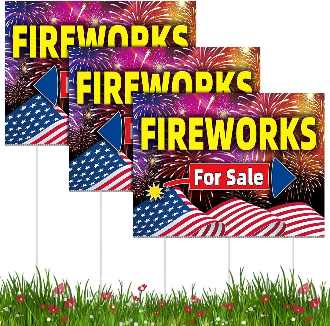 Novabright 3 Pack 4th of July Fireworks for Sale Yard Sign 250th Anniversary Independence Day Arrow Double Sided Yard Signs 15.8" x 11.8" with Stakes for Front Door Garden Lawn Garages Offices