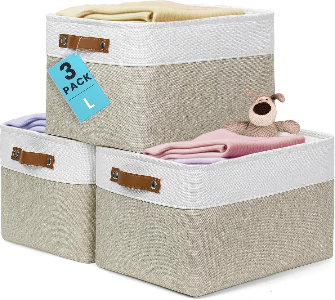 OrganiHaus Large Fabric Storage Baskets for Shelves 3 Pack, 15x11in Closet Storage Bins for Shelves, Canvas Baskets for Organizing, Linen Closet Organizers, Cloth Basket, Beige/Off-White
