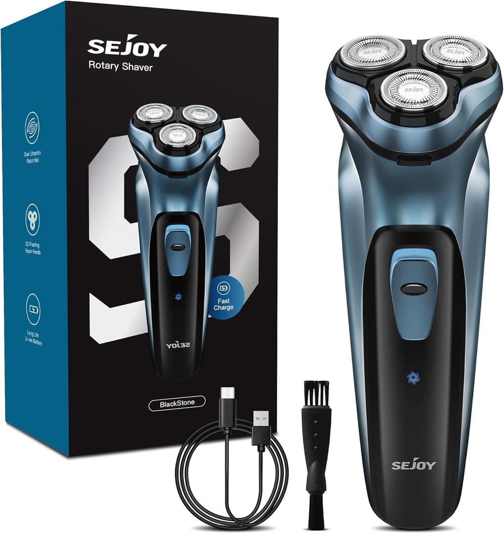 Sejoy Electric Razor for Men, Mens Electric Shavers, Rechargeable Electric Razor Shaving Machines, with Pop-up Trimmer, 1 Hour Fast Charging, 3D Floating Head, LCD Power Indicator (Blue)
