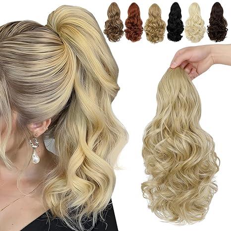 FELENDY 15" Ponytail Extension Drawstring Curly Wavy Ponytail Extensions Clip in Long Pony Tails Hair Cute Synthetic Piece for Women Light Blonde Mix Bleach Blonde