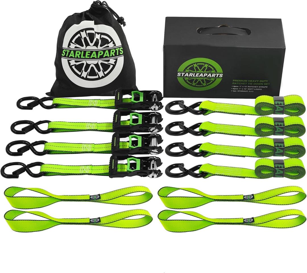 Motorcycle Tie Down Strap (4PK) - 2,100lb Break Strength Premium 15ft Ratchet Tie Down Straps Set, Soft Loop Ratchet Straps for Moving Appliances, Lawn Equipment, Cargo Straps for Trucks (Green)