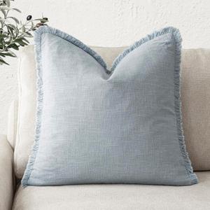 Foindtower Decorative Linen Fringe Throw Pillow Covers Cozy Boho Farmhouse Cushion Cover with Tassels Soft Accent Pillowcase for Chair Sofa Bed Living Room Home Decor, 2222 Inch,1PC,Sky Blue
