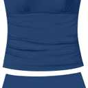 Girls Swimsuit Solid Color Tankini Contrast Trim Swimwear 2 Piece Bathing Suit Padded Swimsuits for Teens Blue, 9-10 Years
