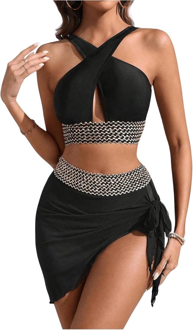 SweatyRocks Women's 3 Piece Swimsuit Criss Cross High Waisted Bikini Set with Sarong Wrap Coverups (X-Large, Multicolor)