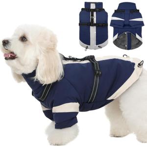 Turtleneck Dog Coat with Harness Built in - S,Soft Warm Lining | Adjustable Reflective Harness Coats for Small Dogs,Snow Day Water-Repellent,Windproof & Cold-Resistant Jacket (Navy-Blue) (SmallChest 17.3")