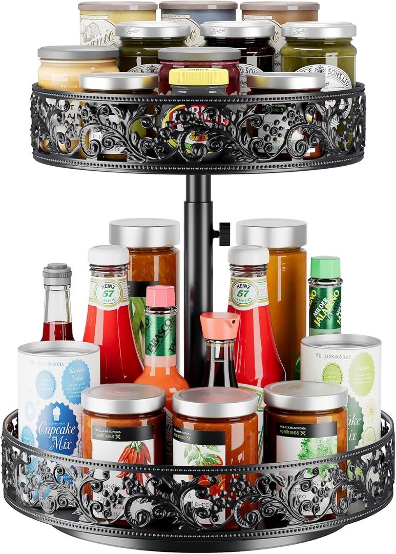 Spice Rack Lazy Susan Organizer 2 Tier, Adjustable Height Metal 12 inch Large Size Rotating Turntable for Kitchen/Cupboard/Bathroom/Countertop/Dining Table/Cabinet/Pantry/Bedroom Storage Black