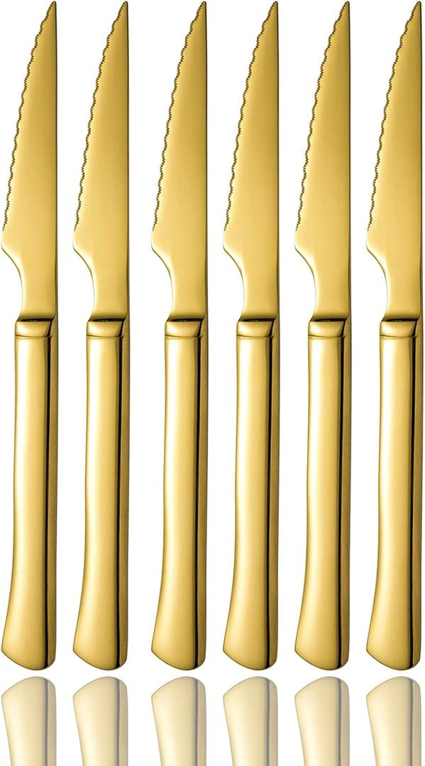 Gold Steak KnivesUltra-Sharp Stainless Steel Cutlery Set,Dinner Knifes 6-Piece Stainless Steel kitchen Serrated Best Knife kitchen Sets Dishwasher Safe (Golden)