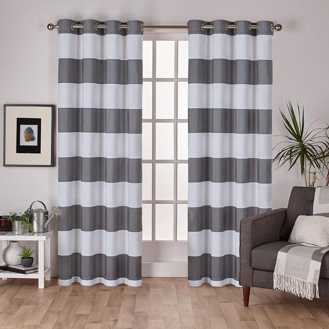 EXCLUSIVE HOME Surfside Cabana Stripe Cotton-Rich Grommet Top Light Filtering Curtain Panel Pair, 54"x84", Black Pearl