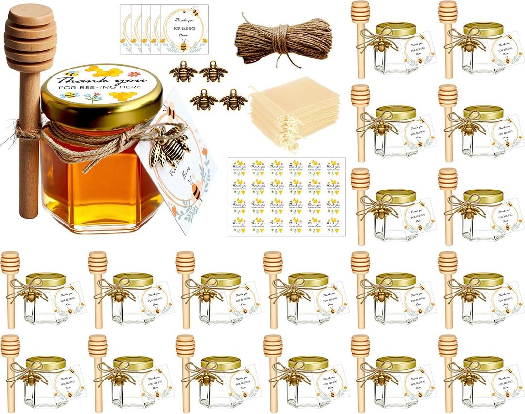 Adabocute 20 Pack Mini Honey Jars with Dipper - Perfect for Baby Shower Favors and Wedding Favors - Includes Bee Pendants Tags and Jute Bags - Gold Lid