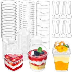 130 Pack Plastic Dessert Cups with Lids and Spoons, 5&6 oz Mini Parfait Cup Party Serving Shooters for Pudding, Yogurt, Fruit, Jello, Appetizer (Round, Heart and Square)