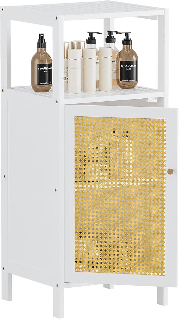 HITNET Bathroom Storage Cabinet Rattan, Small Bamboo Floor Cabinet with Single Door and Open Shelf, Freestanding Narrow Cupboard for Living Room, Kitchen, Entryway, White, 13"D X 14.4"W X 33.66"H