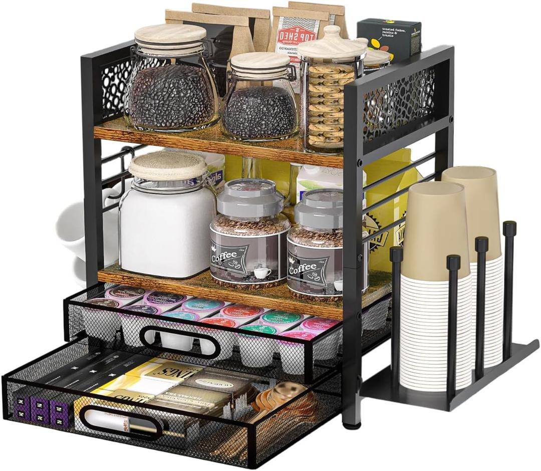 Coffee Bar Organizer - 4 Tier Coffee Station Organizer for Countertop, Coffee Bar Storage with 4 Hooks, with K Cup Storage Drawer and Cup Holder, Multifunctional Shelf for Accessories Kitchen