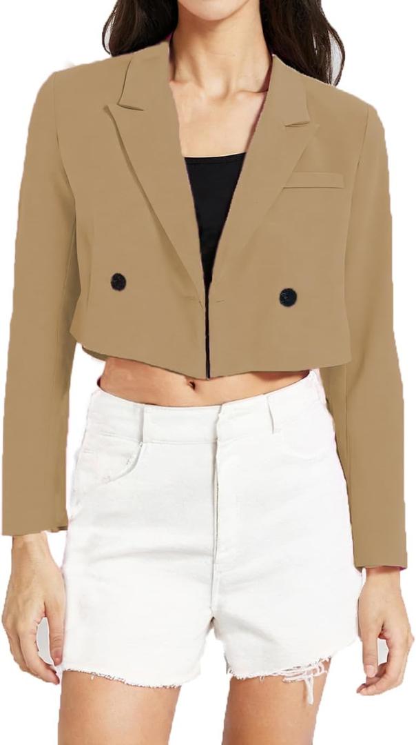 Womens Cropped Blazer Business Casual Lightweight Long Sleeve Suit Jacket Work Office Blazer for Women (Large, Tan)