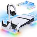 MENEEA PS5 PRO & Slim RGB Horizontal Stand & Auto Cooling Station with 3-Gear Fan, Dual PS5 Controller(Edge) Charger for PlayStation 5, with 14 RGB Light Modes & Removeable Headset Holder Storage