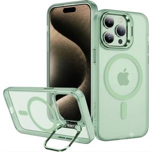 for iPhone 15 Pro Case Compatible with Magsafe, Clear Transparent Camera Kickstand iPhone 15 Pro Case Shockproof Heavy Duty Protective Cover Case for iPhone 15 Pro, Green
