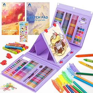 VigorFun Art Supplies, 240-Piece Drawing Art Kit, Gifts for Girls Boys Teens, Art Set Crafts Case with Double Sided Trifold Easel, Includes Sketch Pads, Oil Pastels, Crayons, Colored Pencils (Purple) 16x 13 inch