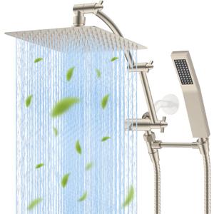 Hibbent All Metal 10'' Rainfall Shower Head, Dual Shower Head Combo, High Pressure Handheld Shower Wand, 16'' Adjustable Arc-shaped Shower Extension Arm, 71'' Hose, Showerhead Holder, Brushed Nickel Finished 