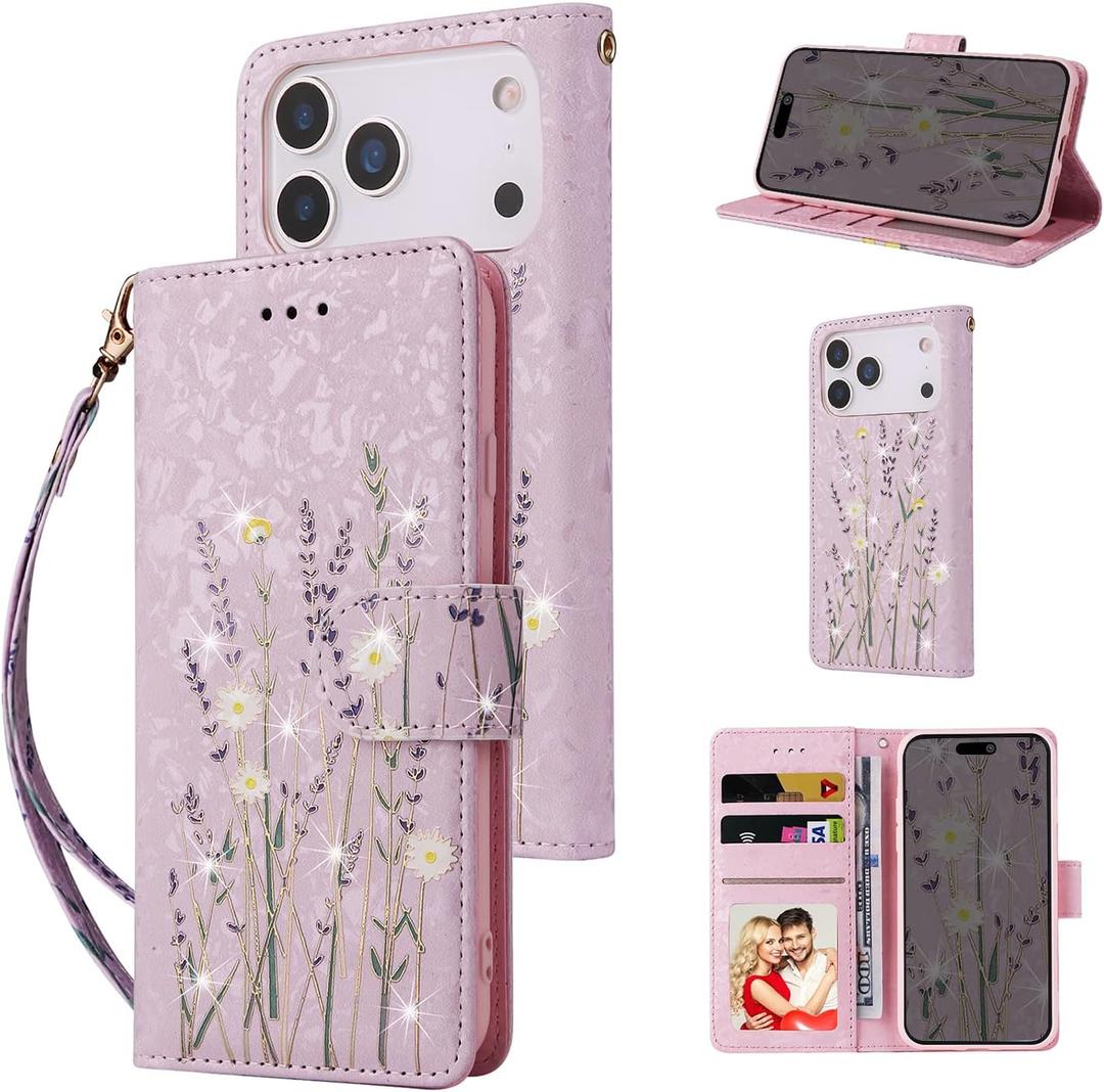 UEEBAI Wallet Case for iPhone 17 Pro Max, PU Leather Phone Cover Kickstand RFID Blocking Flip Case Card Slots Wrist Strap Relief Engraved Pattern Magnetic Closure Flower Folio Wallet, Lavender
