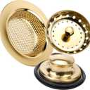 Antrader Kitchen Sink Drain Strainer and Stopper Gold,3Pcs Stainless Steel Kitchen Sink Drain Strainer Basket and Stopper Gold Kitchen Sink Drain Strainer Kitchen Sink Stopper Kit Basket